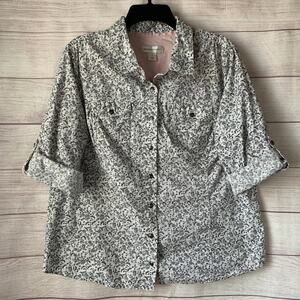 Christopher & Banks Button Up Shirt Bird Floral Pattern Roll Tab Sleeves Size XL